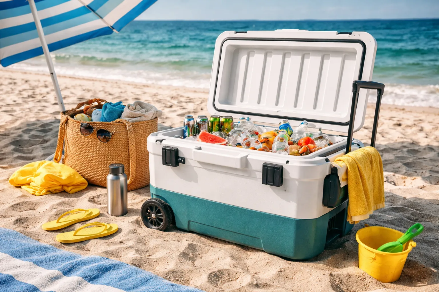 beach umbrella for chair | beach ice cooler | Beachlyfe App | beach equipment rental