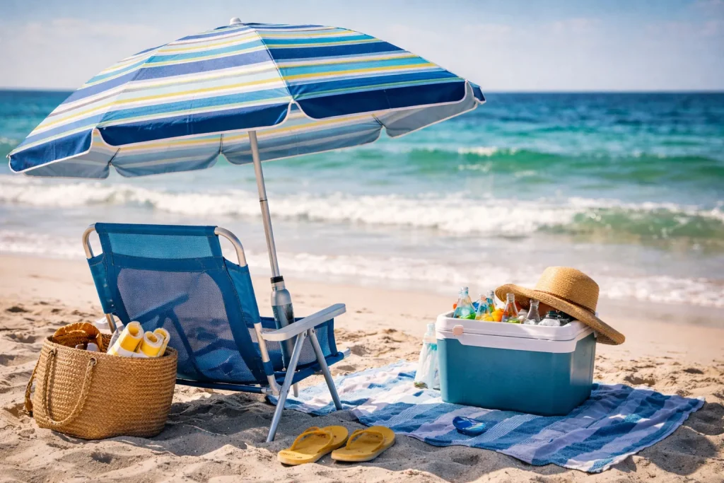 beach umbrella for chair | beach ice cooler | Beachlyfe App | beach equipment rental